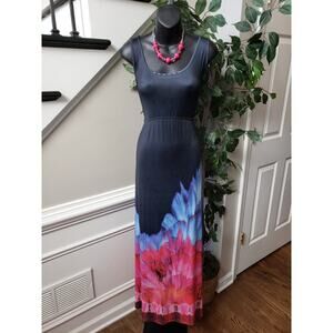 One World Long Maxi Dress Womens Large Black Floral Sleeveless Scoop Neck Beaded